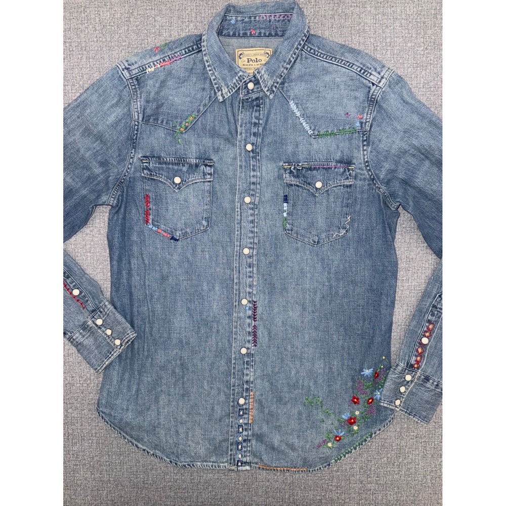 Polo Ralph Lauren Women's M Denim Western Shirt Embroidered Pearl Snap